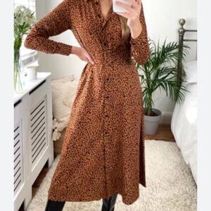 Nine West Rust Leopard-Print Button-Front Midi Dress